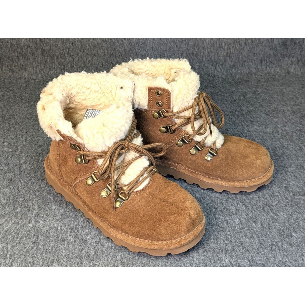 BEARPAW Womens 7 Brown Suede Faux Fur Lined Lace Up Winter Hiking Boots